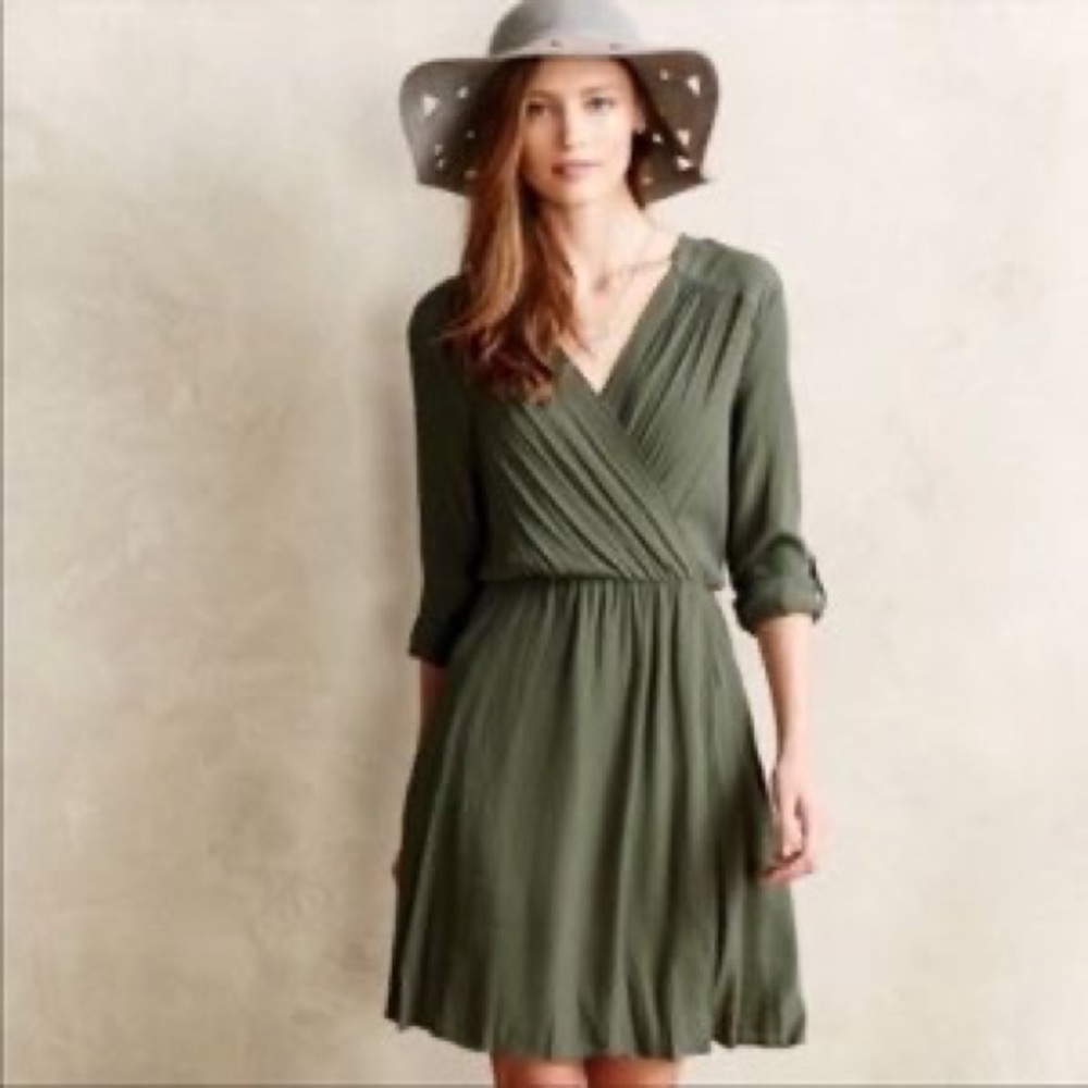 Anthropologie (Maeve) XS olive green plunge long sleeve wrap dress